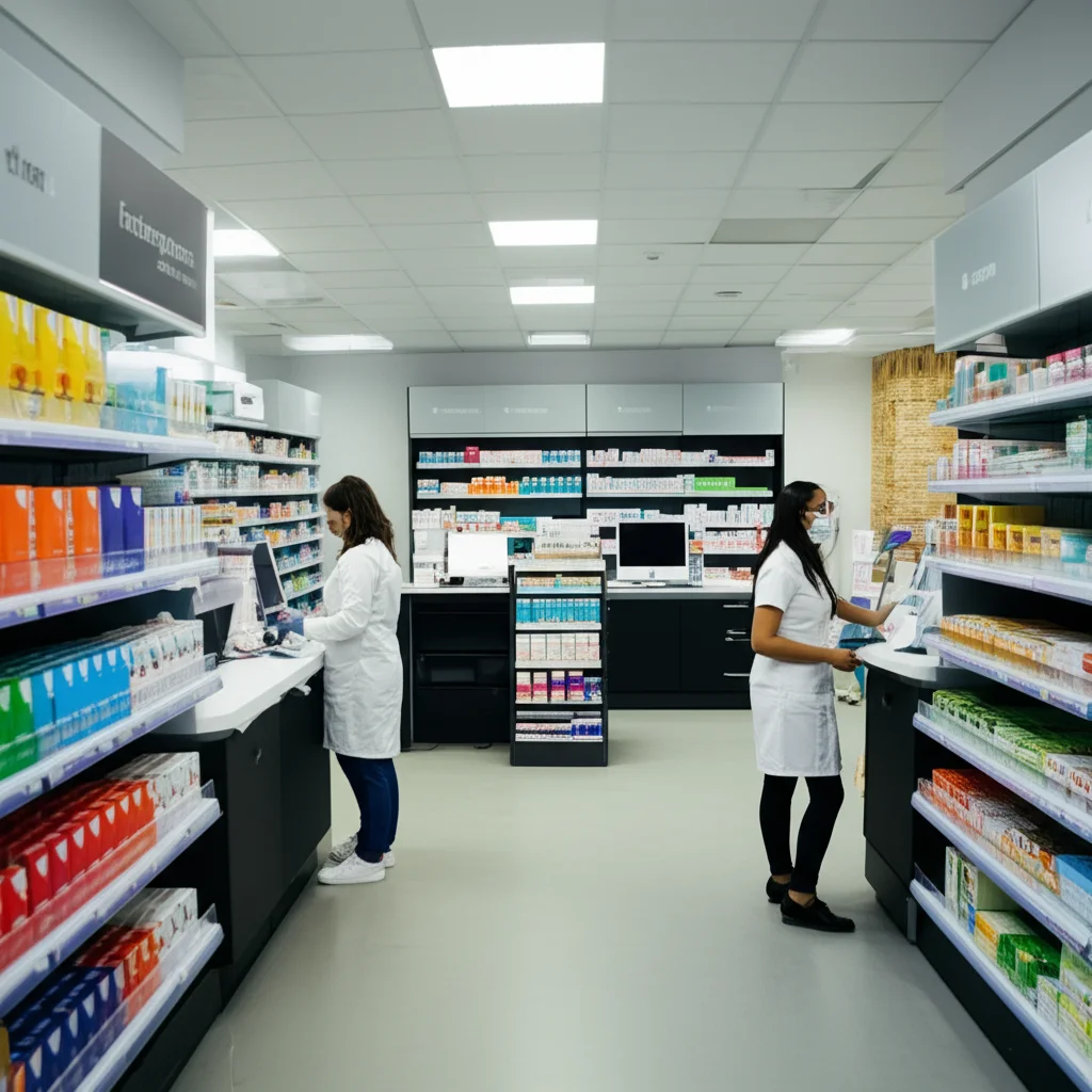 Fotografia grandangolare, 20mm lens, di una moderna farmacia comunitaria luminosa e accogliente, con clienti e farmacisti visibili ma non in primo piano, sharp focus, a rappresentare l'accessibilità alla vaccinazione.