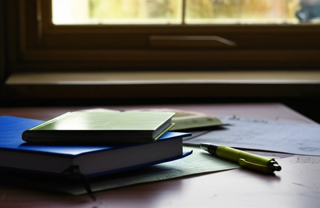 Un banco di scuola vuoto con libri e quaderni sparsi disordinatamente, una penna abbandonata, luce fioca dalla finestra che suggerisce stanchezza e abbandono. Fotografia still life, obiettivo macro 60mm, messa a fuoco precisa sui dettagli del disordine, illuminazione controllata per creare ombre suggestive.