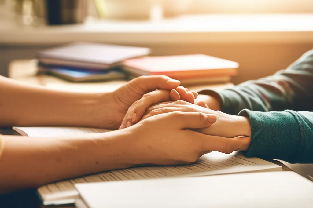 Mani di un genitore che stringono delicatamente le mani di un adolescente seduto a una scrivania con dei libri, trasmettendo supporto e conforto, luce calda e rassicurante. Fotografia ritratto ravvicinato, obiettivo 50mm, profondità di campo che sfoca leggermente lo sfondo, toni caldi.