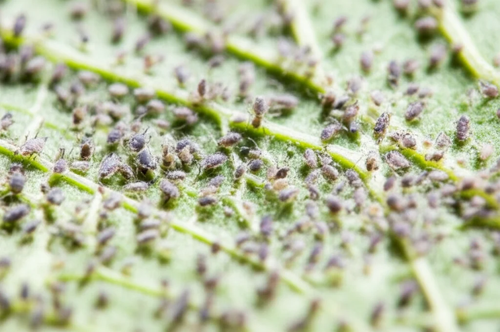 Fotografia macro di afidi Aphis craccivora su una foglia di fagiolo Vicia faba in una capsula Petri da laboratorio. Illuminazione controllata, alta definizione, obiettivo macro 100mm, messa a fuoco precisa sui parassiti e sulla superficie della foglia.