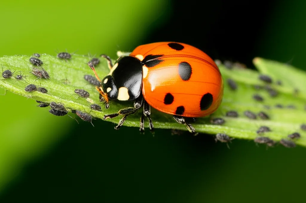 Fotografia macro di una coccinella Coccinella septempunctata su una foglia verde accanto a pochi afidi, simbolo del controllo biologico. Luce naturale morbida, obiettivo macro 90mm, alta definizione, sfondo leggermente sfocato per enfatizzare la coccinella.