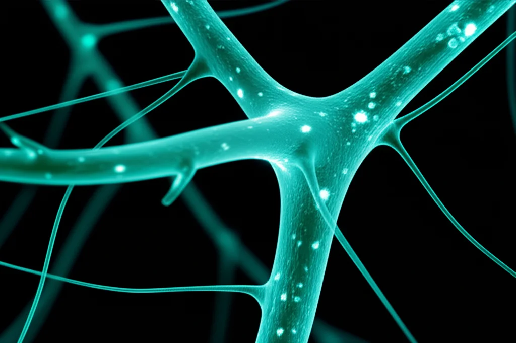 Macro fotografia, obiettivo da 90 mm, di intricate reti neuronali all'interno di un cervello umano, luminosamente luminosamente con bio-luminescenza che rappresentano segnali di guarigione dopo il trattamento con ictus con elettroacopuntura, dettagli elevati, illuminazione controllata, messa a fuoco precisa.
