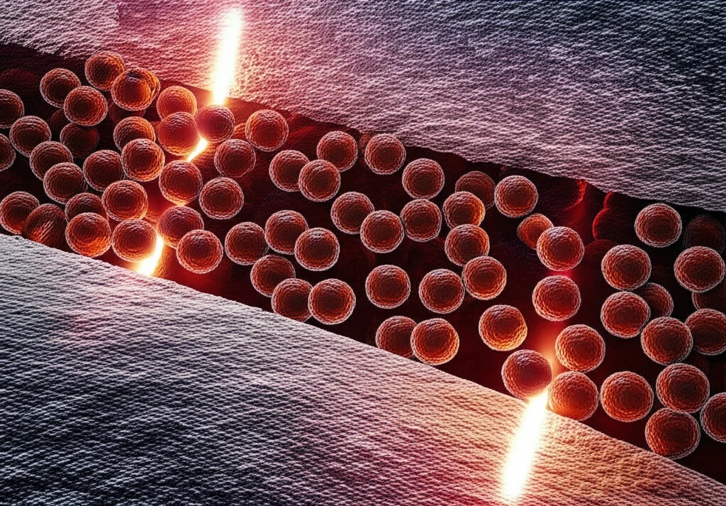 Immagine fotorealistica, lente macro 100mm, che mostra particelle di ferro (rappresentate come piccole sfere color ruggine) che vengono attivamente trasportate da una membrana cellulare neurone da proteine ​​FPN1 (visualizzate come canali luminosi), riducendo l'accumulo, la focalizzazione precisa, la focalizzazione scientifica drammatica.