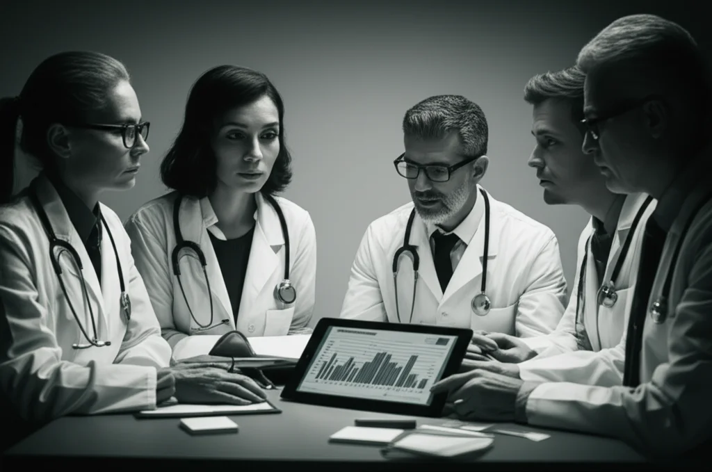 Fotografia di ritratto, stile film noir in bianco e nero, profondità di campo. Un gruppo eterogeneo di medici e formatori sanitari (diverse età, etnie, generi) discute animatamente attorno a un tavolo, illuminati da una luce drammatica laterale. Sul tavolo, un tablet mostra grafici astratti che rappresentano dati demografici distorti dall'IA. Lente 35mm.