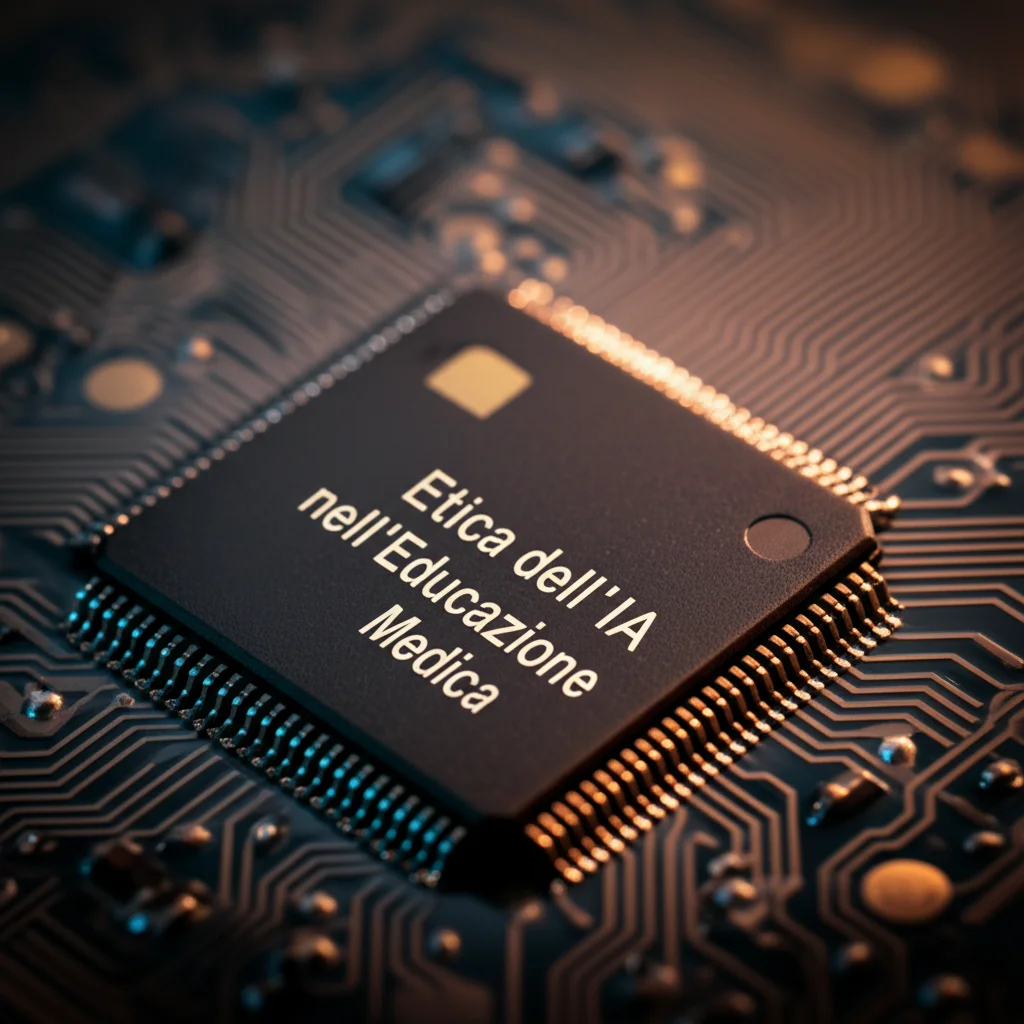 Fotografia macro, lente 100mm, alta definizione, illuminazione controllata. Primo piano di un microchip complesso posato su un manuale aperto intitolato 'Etica dell'IA nell'Educazione Medica'. La luce evidenzia i dettagli intricati del chip e la texture della carta del manuale.