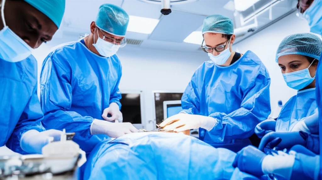 Fotografia sportiva, teleobiettivo 200mm, alta velocità dell'otturatore, tracciamento del movimento. Un team medico diversificato (etnie, generi, età) lavora in perfetta sincronia durante una simulazione di emergenza high-tech in un laboratorio avanzato. L'azione è dinamica e focalizzata.