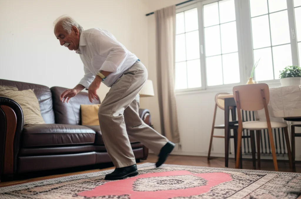 Fotografia realistica di un uomo anziano (circa 70 anni) che è appena inciampato su un tappeto in un salotto domestico, visto da un'angolazione bassa. L'azione è colta con una velocità dell'otturatore elevata per bloccare il movimento della caduta. Teleobiettivo zoom 150mm, tracciamento del movimento, luce naturale dalla finestra.