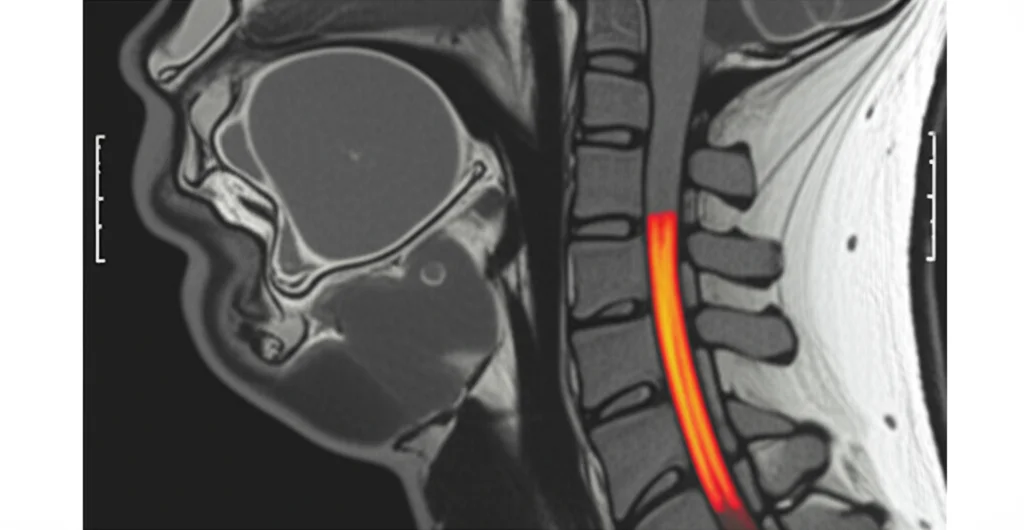 Immagine dettagliata di una risonanza magnetica (MRI) sagittale T2 della colonna cervicale di un paziente adulto con SCIWORA. Si evidenzia una chiara iperintensità del segnale all'interno del midollo spinale a livello C4-C5, indicativa di edema o lesione. Le vertebre circostanti non mostrano fratture evidenti, ma si notano lievi alterazioni degenerative. Obiettivo macro 100mm, alta definizione, luce controllata per esaltare i dettagli del midollo.