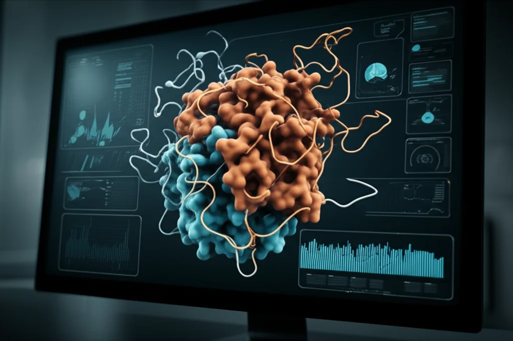 Visualizzazione 3D di una proteina transmembrana batterica su uno schermo di computer high-tech, con grafici di dati bioinformatici sovrapposti, stile cinematografico con profondità di campo, obiettivo 35mm, film noir.