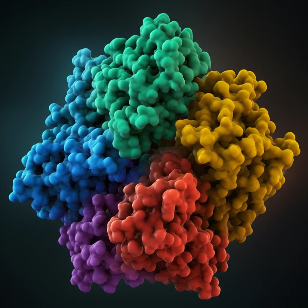 Modello molecolare 3D del costrutto vaccinale multi-epitopo che interagisce con un recettore TLR (Toll-Like Receptor), visualizzato con colori vivaci su sfondo scuro digitale, alto dettaglio, illuminazione da laboratorio simulata, precise focusing.
