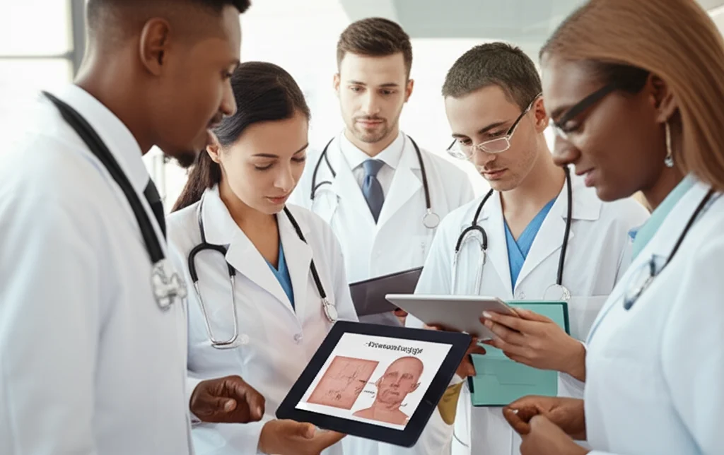 Ritratto fotografico di un gruppo eterogeneo di studenti di medicina (diverse etnie e generi) che discutono animatamente attorno a un tablet che mostra casi clinici dermatologici generati da IA. Un medico supervisore li osserva con approvazione. Obiettivo prime 35mm, profondità di campo, luce naturale morbida.