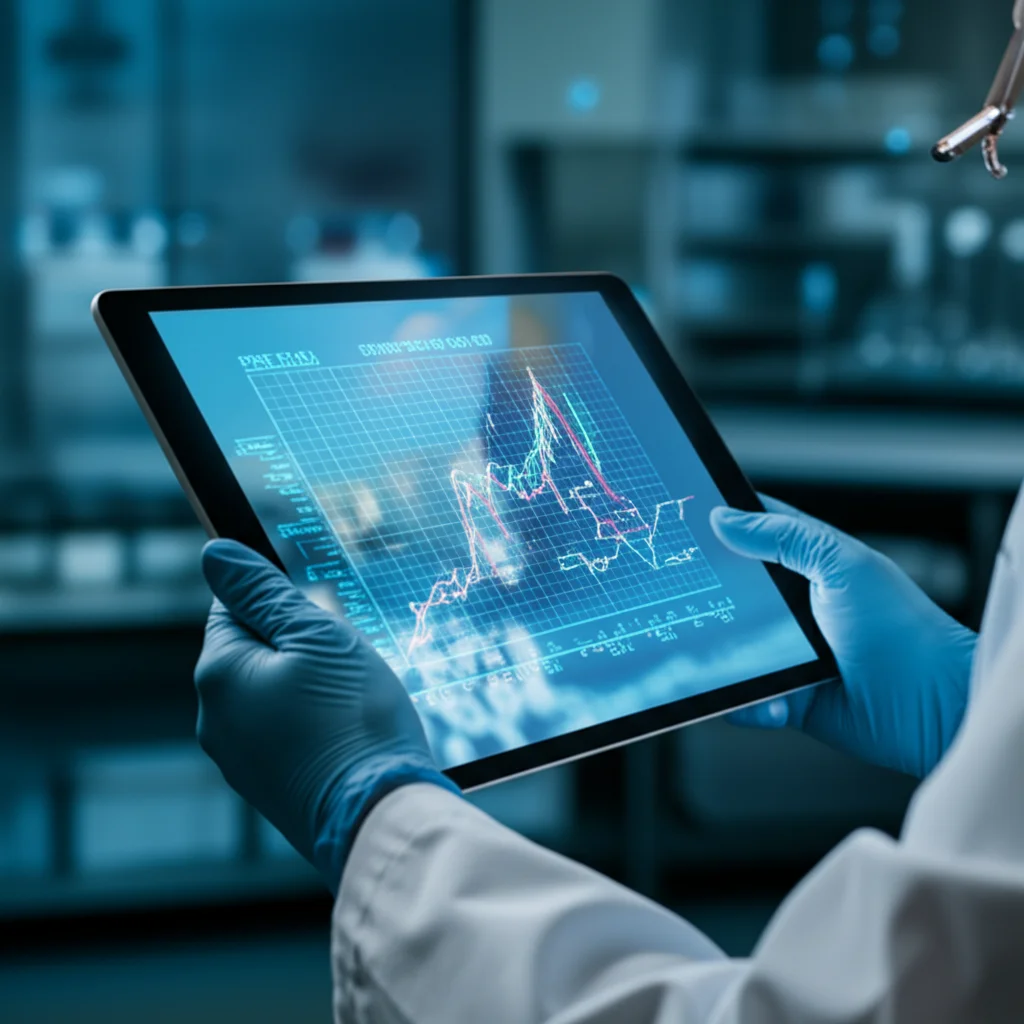 Grafico complesso di simulazione immunitaria che mostra l'aumento di anticorpi (IgM, IgG) e citochine (IFN-gamma) nel tempo dopo la vaccinazione virtuale, visualizzato su un tablet futuristico tenuto da mani in guanti da laboratorio, profondità di campo, obiettivo 50mm, high detail.