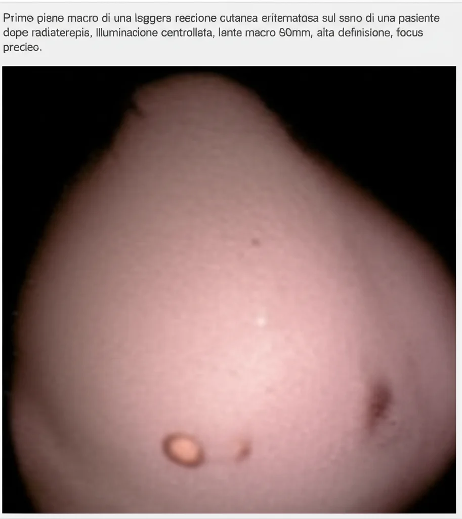 Primo piano macro di una leggera reazione cutanea eritematosa sul seno di una paziente dopo radioterapia, illuminazione controllata, lente macro 60mm, alta definizione, focus preciso.