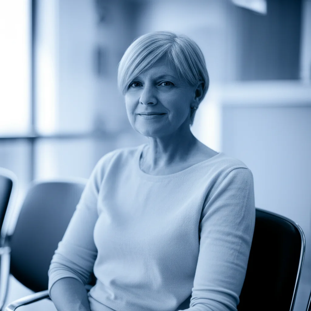 Ritratto fotografico di una donna di mezza età serena in una sala d'attesa luminosa di un centro oncologico, obiettivo 35mm, profondità di campo, duotone blu e grigio.