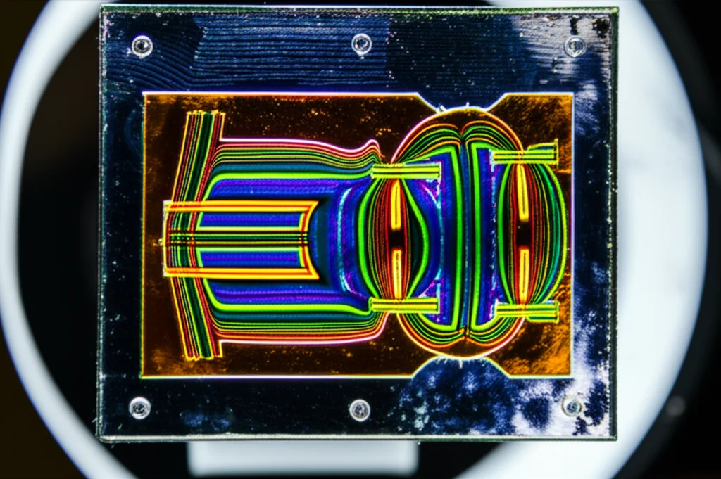 Immagine fotorealistica di un modello in resina epossidica trasparente di un componente meccanico complesso, illuminato da luce polarizzata in un polariscopio da trasmissione. Si vedono chiaramente delle frange isocromatiche colorate e brillanti che indicano le zone di concentrazione dello stress. Macro lens, 80mm, High detail, precise focusing, controlled lighting.