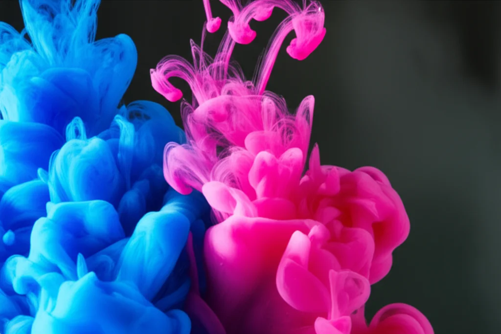 Fotografia macro 90mm di gocce d'inchiostro colorato che scendono lentamente in acqua limpida, creando percorsi fluidi che rappresentano un flusso gradiente, alta definizione, illuminazione controllata, sfondo scuro.