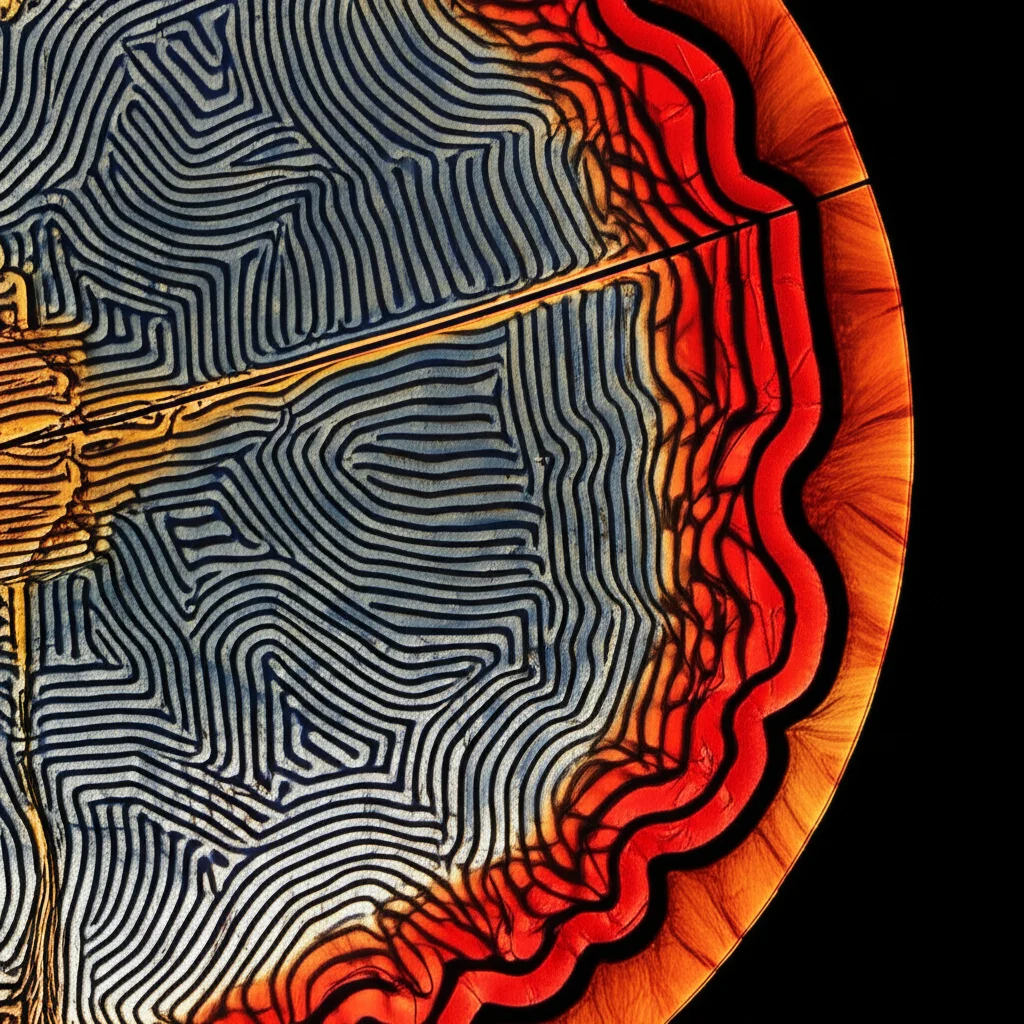 Fotografia realistica di una sezione trasversale di una guarnizione meccanica ad anello in resina epossidica, vista attraverso un polariscopio. Le frange isocromatiche colorate mostrano chiaramente la concentrazione di stress vicino a una fessura. Macro lens, 100mm, High detail, precise focusing, controlled lighting.