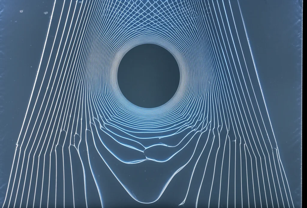 Immagine fotorealistica di una piastra rettangolare trasparente in resina epossidica con un foro circolare al centro, sottoposta a trazione. Le frange isocromatiche si concentrano visibilmente attorno al bordo del foro, mostrando l'effetto della concentrazione dello stress. Prime lens, 50mm, Depth of field, controlled lighting.