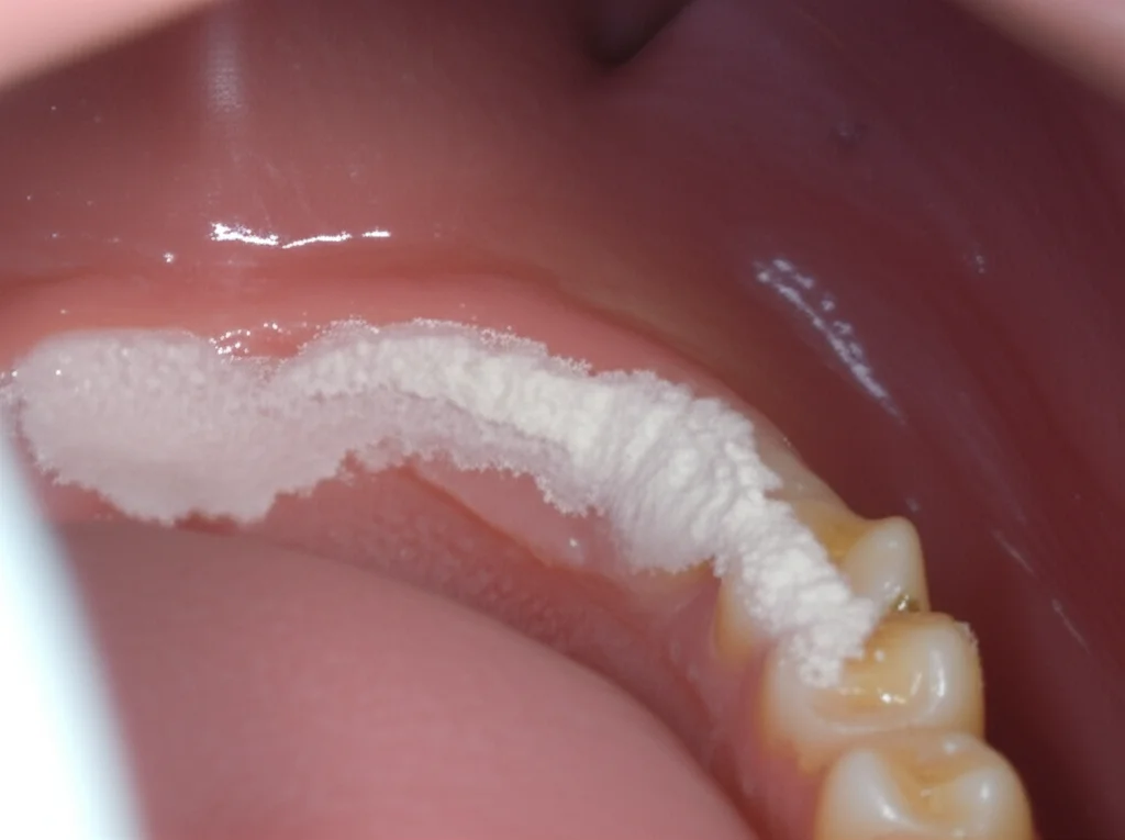 Macro fotografia di una lesione di leucoplachia all'interno di una bocca umana, lente macro 90mm, alta definizione, illuminazione controllata per evidenziare la texture bianca e vellutata della placca sulla mucosa.