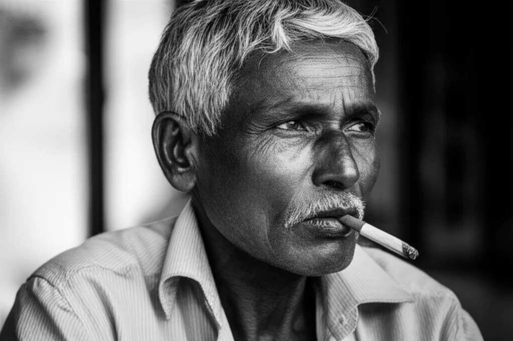 Ritratto di un uomo di mezza età del Rajasthan, India, con un bidi tra le labbra, luce naturale laterale, obiettivo 35mm, bianco e nero, profondità di campo per isolare il soggetto, espressione pensierosa.