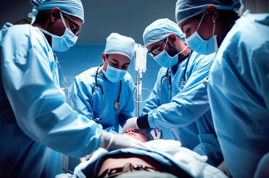 Fotografia di un team medico in pronto soccorso che lavora con urgenza su un paziente colpito da ictus, l'orologio a parete segna secondi preziosi, luce drammatica, stile film noir, obiettivo 35mm, profondità di campo.