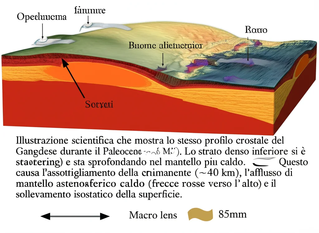 Illustrazione scientifica che mostra lo stesso profilo crostale del Gangdese durante il Paleocene (~70-55 Ma). Lo strato denso inferiore si è staccato (foundering) e sta sprofondando nel mantello più caldo. Questo causa l'assottigliamento della crosta rimanente (~40 km), l'afflusso di mantello astenosferico caldo (frecce rosse verso l'alto) e il sollevamento isostatico della superficie. Macro lens, 85mm, high detail on the detachment zone and mantle flow.