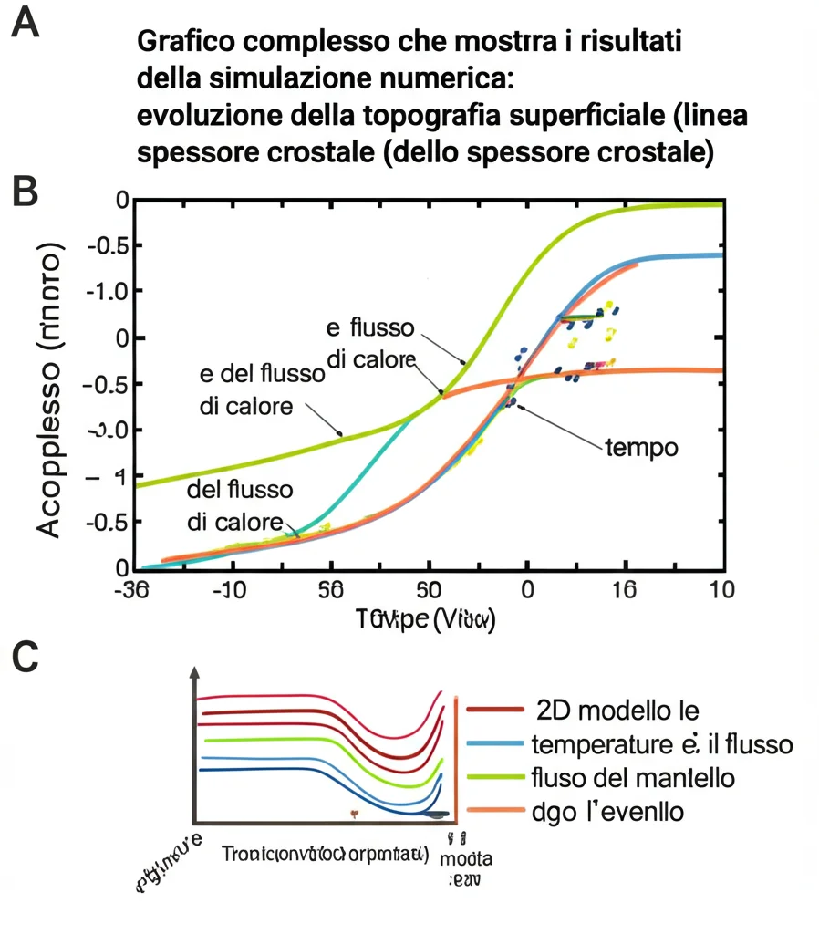 Grafico complesso che mostra i risultati della simulazione numerica: evoluzione della topografia superficiale (linea che sale), dello spessore crostale (linea che scende), e del flusso di calore (linea che sale) nel tempo. Accanto, una visualizzazione 2D del modello che mostra le temperature e il flusso del mantello dopo l'evento di foundering. High detail, precise focusing on the graph lines and labels.