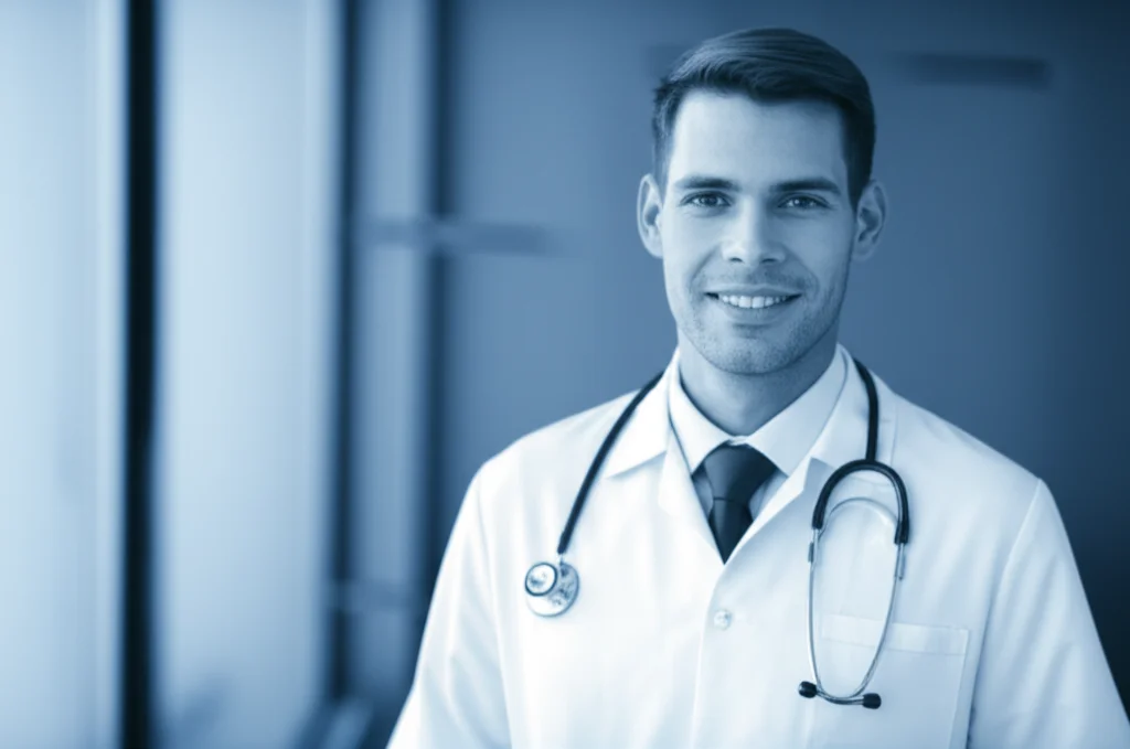 Ritratto di un medico sorridente e soddisfatto in un ambiente ospedaliero moderno, luce naturale laterale, obiettivo 50mm, sfondo leggermente sfocato, duotone blu e grigio.