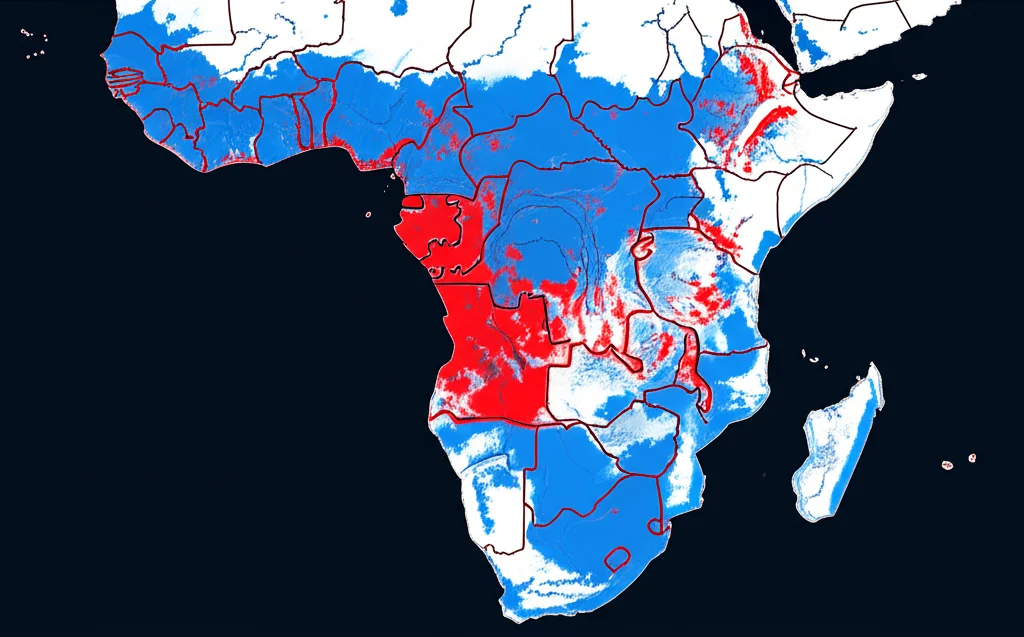 Mappa fotorealistica dell'Africa Subsahariana che mostra le aree ad alto (rosso acceso) e basso (blu freddo) rischio di malaria per le donne incinte, basata su dati spaziali. Dettaglio elevato, illuminazione controllata per evidenziare le zone critiche. Wide-angle, 15mm, sharp focus.