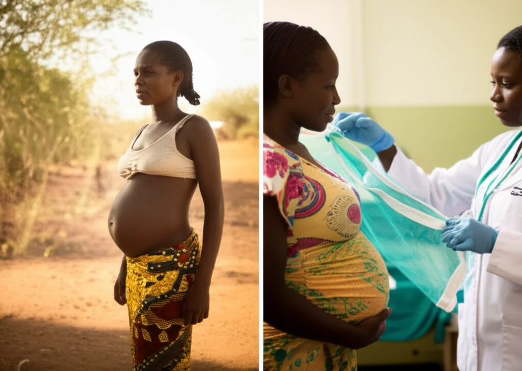 Fotografia di reportage, due scene affiancate: a sinistra, una donna incinta in un contesto rurale povero dell'Africa Occidentale, senza zanzariera visibile, luce naturale dura; a destra, una donna incinta in una clinica urbana pulita mentre riceve una zanzariera trattata da un operatore sanitario, luce morbida e speranzosa. Prime lens, 35mm, depth of field.