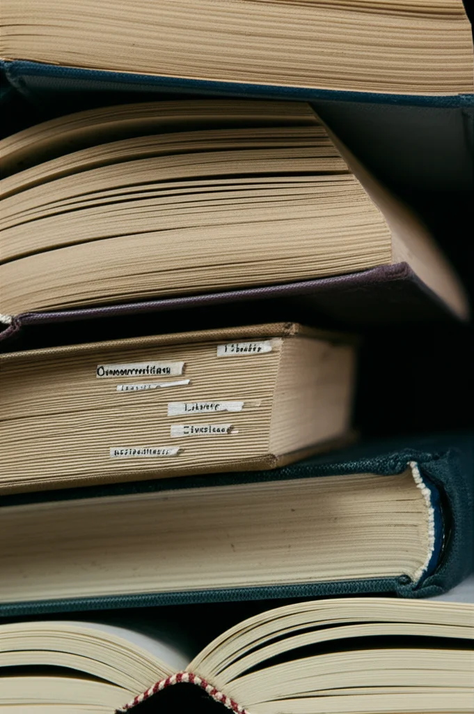 Una fotografia macro, obiettivo 60mm, di vecchi libri filosofici e politici accatastati, con titoli come 'Conservatism', 'Liberty', 'Tradition', illuminazione controllata per evidenziare la polvere e la trama della carta, simboleggiando le diverse radici e tensioni del pensiero conservatore.