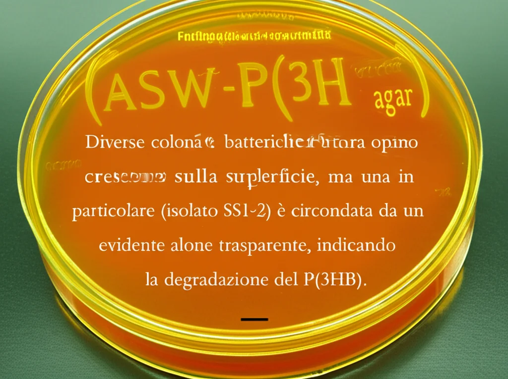 Fotografia macro, 100mm, di una piastra di Petri in laboratorio con un terreno di coltura opaco (ASW-P(3HB) agar). Diverse colonie batteriche crescono sulla superficie, ma una in particolare (isolato SS1-2) è circondata da un evidente alone trasparente, indicando la degradazione del P(3HB). Illuminazione controllata da laboratorio, alta definizione, focus preciso sull'alone.