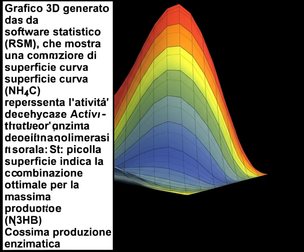 Grafico 3D generato da software statistico (RSM), che mostra una superficie curva colorata. Gli assi X e Y rappresentano la concentrazione di substrato (P(3HB)) e NH4Cl, mentre l'asse Z rappresenta l'attività dell'enzima depolimerasi. Il picco della superficie indica la combinazione ottimale per la massima produzione enzimatica. Stile grafico pulito, alta definizione.