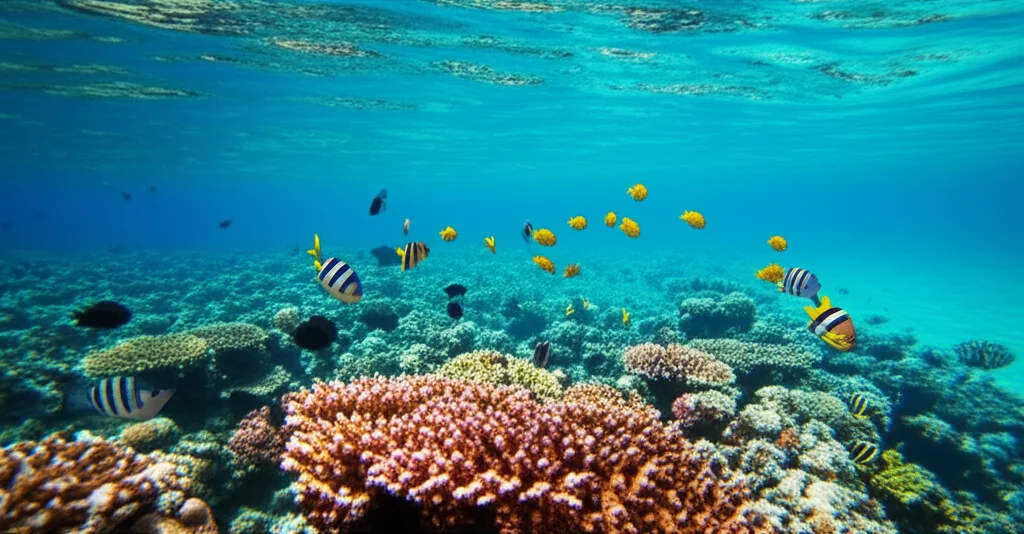 Fotografia grandangolare, 18mm, di un paesaggio marino vibrante e pulito. Acqua cristallina, coralli colorati e pesci che nuotano sereni. Luce solare che filtra dalla superficie. Sharp focus, long exposure per acqua liscia, simboleggia un ecosistema marino sano, risultato potenziale della bioremediation.