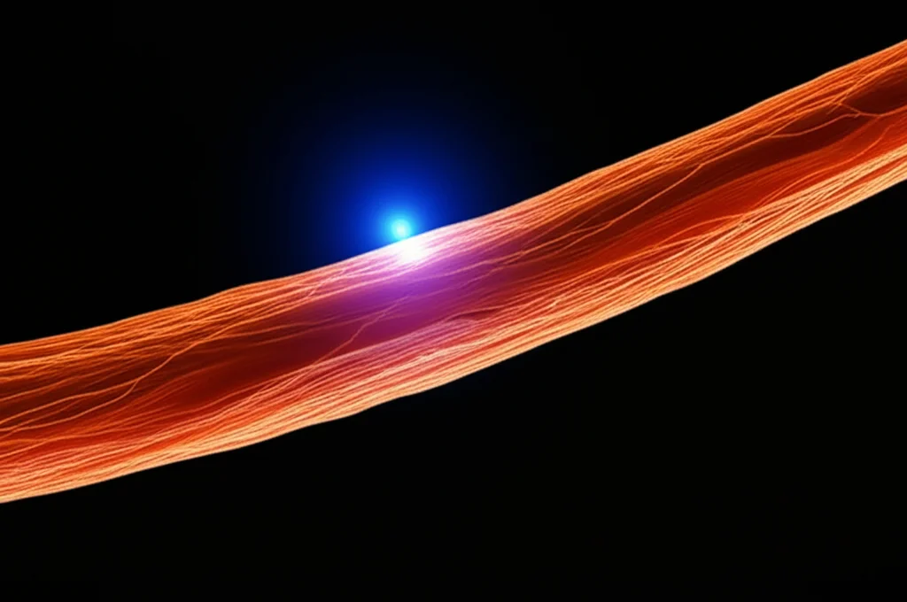 Immagine macro fotorealistica di un fascio di nervi sottile e traslucido, simile a un nervo sciatico di ratto, con un punto focale luminoso che indica l'applicazione di ultrasuoni focalizzati. Dettaglio elevato, illuminazione controllata, obiettivo macro 100mm.
