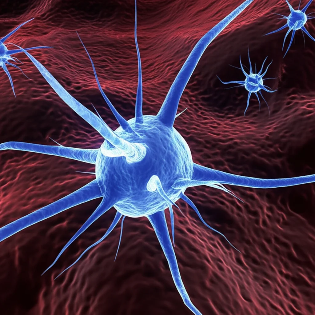 Immagine macro con lente da 100mm che mostra una rappresentazione stilizzata di anticorpi (particelle luminose blu) che interferiscono con le connessioni nervose (plesso mioenterico, filamenti luminosi gialli) in una sezione trasversale della parete intestinale, sfondo scuro, alta definizione, illuminazione controllata.