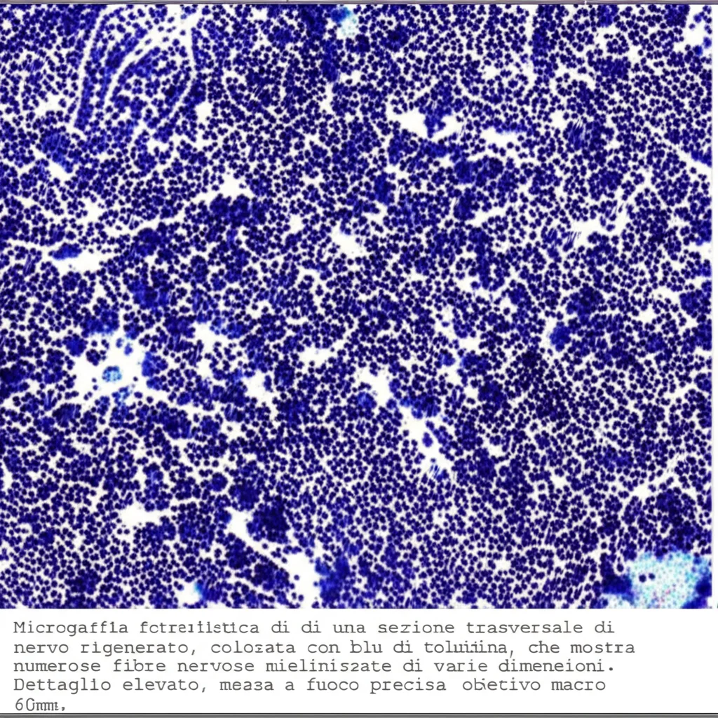 Micrografia fotorealistica di una sezione trasversale di nervo rigenerato, colorata con blu di toluidina, che mostra numerose fibre nervose mielinizzate di varie dimensioni. Dettaglio elevato, messa a fuoco precisa, obiettivo macro 60mm.