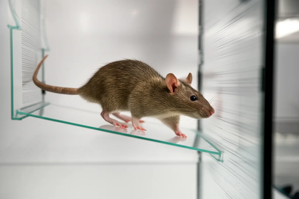 Fotografia d'azione fotorealistica di un ratto di laboratorio che cammina su una passerella trasparente, catturato dal basso per l'analisi dell'andatura. Velocità dell'otturatore elevata, tracciamento del movimento, obiettivo zoom teleobiettivo 100-400mm.