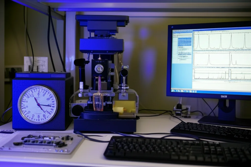 Primo piano di un cromatogramma radio-HPLC visualizzato su uno schermo di computer in un laboratorio, con picchi distinti che indicano la purezza del radiofarmaco [225Ac]Ac-PSMA-617 e dei prodotti di decadimento. Luce ambientale da laboratorio, obiettivo macro 60mm per dettaglio dello schermo.