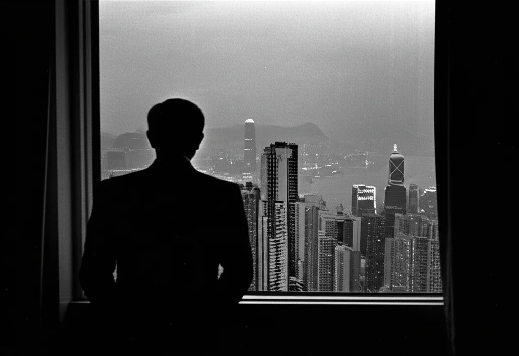 Ritratto fotografico di un uomo di spalle che guarda fuori da una finestra una città notturna (metà skyline Hong Kong, metà skyline europeo), trasmettendo isolamento e difficoltà a comunicare. Obiettivo 35mm, film noir, bianco e nero, profondità di campo.