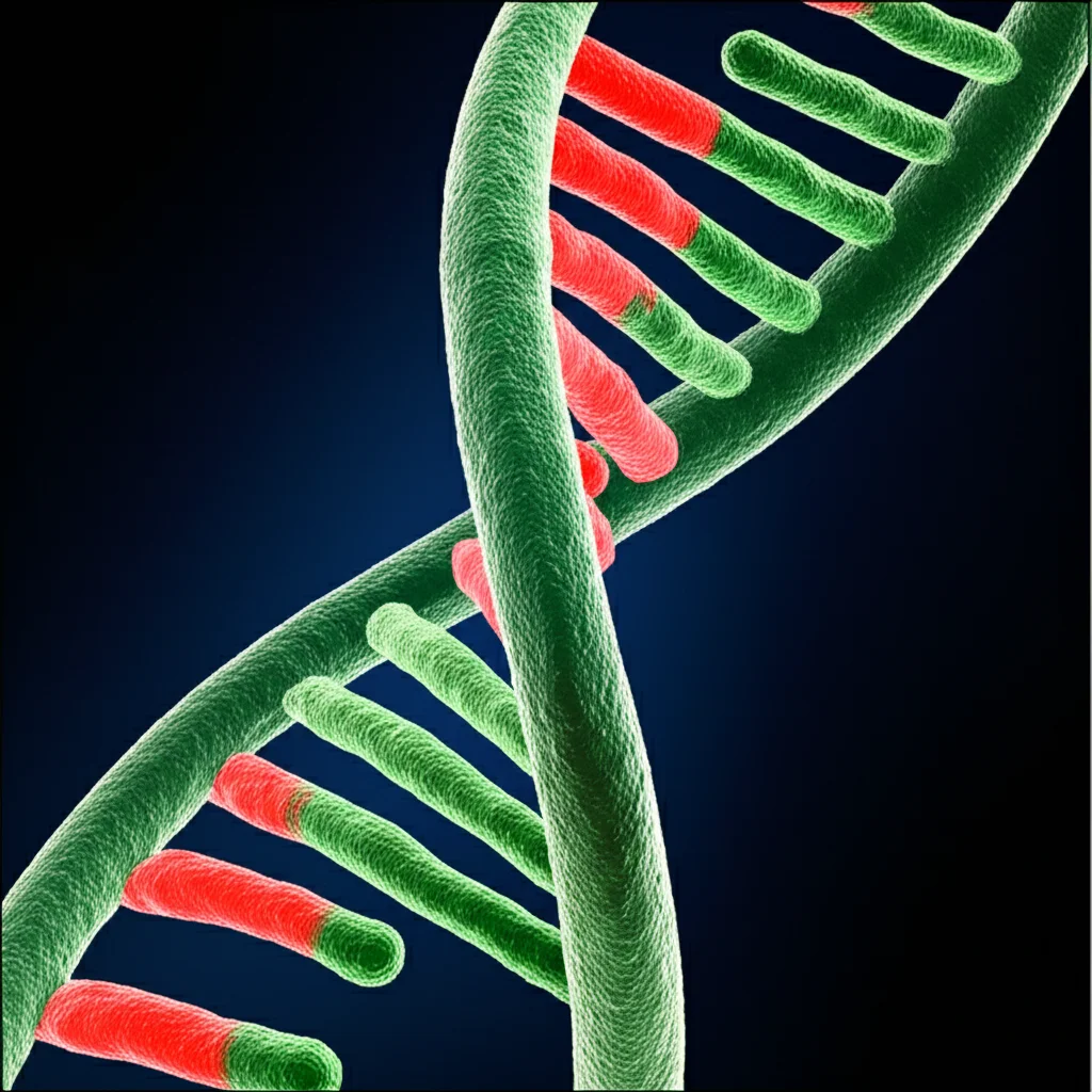 Immagine macro ad alto dettaglio di una doppia elica di DNA astratta, illuminazione controllata e precisa, con alcune sezioni evidenziate in rosso (simbolo di prognosi peggiore) e altre in verde (simbolo di prognosi migliore), rappresentando le firme mutazionali scoperte nello studio SCLC. Obiettivo macro 100mm, high detail, precise focusing.