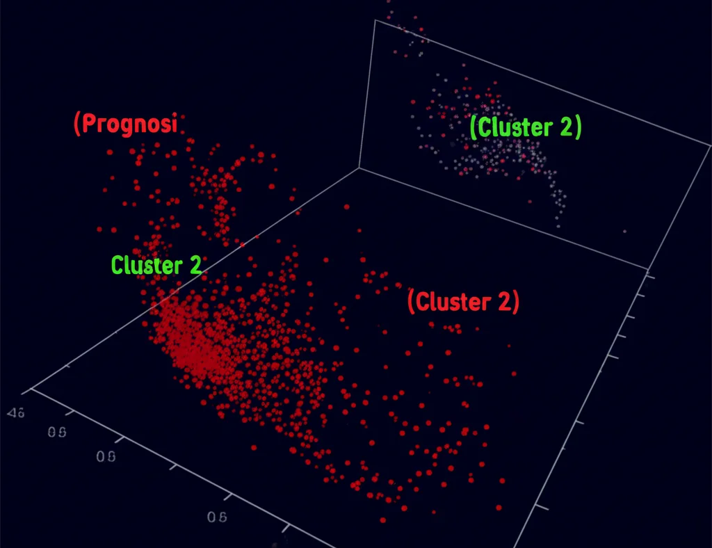 Grafico astratto ma fotorealistico che mostra tre cluster distinti (gruppi) di punti dati su uno sfondo scuro, rappresentanti i sottotipi molecolari di SCLC. Un cluster (Cluster 2) è evidenziato in rosso per indicare la prognosi peggiore. Illuminazione drammatica, obiettivo prime 35mm, profondità di campo.