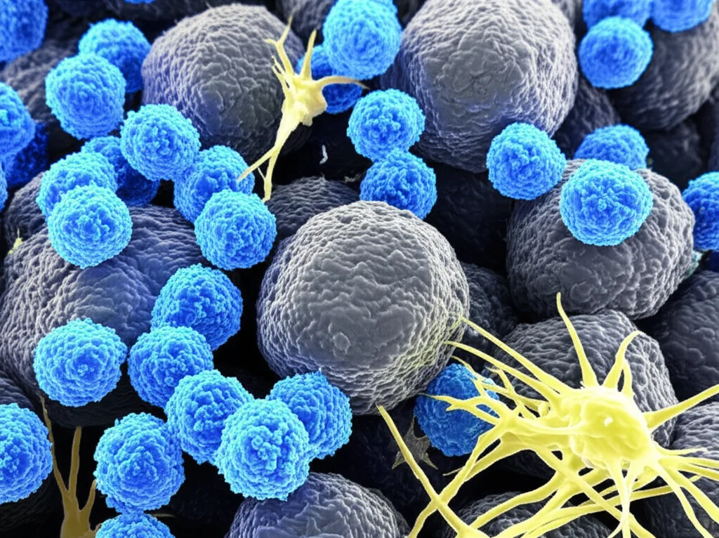 Visualizzazione fotorealistica del microambiente tumorale. Cellule T CD8 (blu brillante) infiltrano attivamente un gruppo di cellule tumorali SCLC (grigio scuro). Alcune cellule dendritiche (giallo) sono presenti. Focus selettivo sull'interazione cellulare, obiettivo macro 60mm, high detail, controlled lighting.