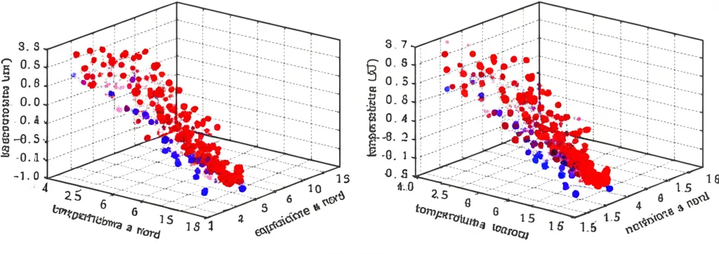 Grafico scientifico 3D che mostra la relazione tra elevazione (asse X), esposizione a nord 'northness' (asse Y) e temperatura superficiale terrestre LST (asse Z) in un'area forestale. I punti dati rappresentano plot di foresta, colorati in base alla LST (dal blu/freddo al rosso/caldo). Si nota una tendenza generale alla diminuzione della LST con l'aumento dell'elevazione, ma con picchi di LST più alta a quote intermedie sui versanti esposti a sud (valori negativi di 'northness'). Illuminazione chiara e definita per facilitare la lettura.