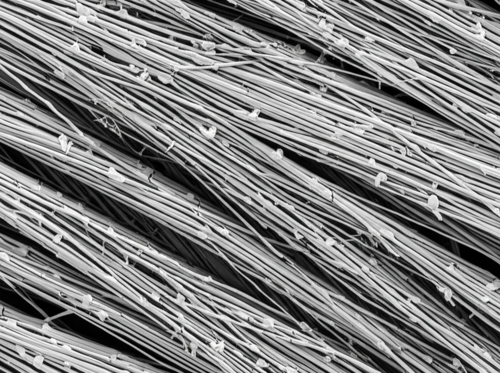 Immagine macro ad altissimo dettaglio di nanofibre di PAN grigio chiaro, alcune delle quali mostrano minuscole particelle scintillanti (Ag e SiC) incorporate. Lente macro 100mm, illuminazione controllata da studio per evidenziare la texture fibrosa e le nanoparticelle, messa a fuoco precisa sulle fibre in primo piano.