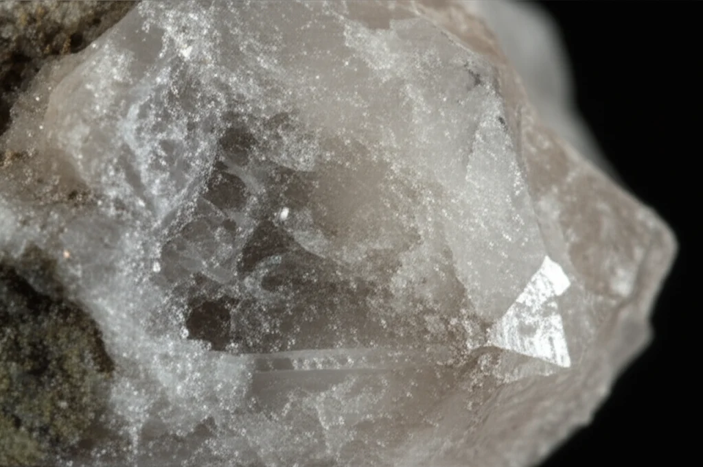 Visualizzazione astratta e fotorealistica di una struttura cristallina di perovskite che si dissolve in una forma amorfa e traslucida, simboleggiando l'amorfizzazione durante la decompressione. Sfondo scuro, illuminazione focalizzata sulla transizione. Obiettivo macro 100mm, messa a fuoco precisa.