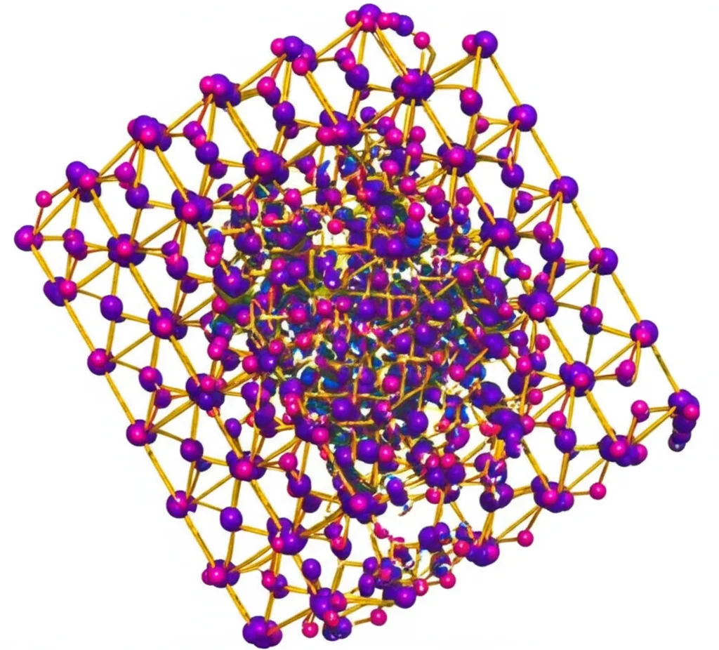 Immagine macro fotorealistica della struttura cristallina di un iridato di bario esagonale, tipo perovskite 9R. Obiettivo macro 100mm, alta definizione, illuminazione controllata per evidenziare gli ottaedri [IrO6] che condividono le facce, mostrando la connettività robusta del materiale.