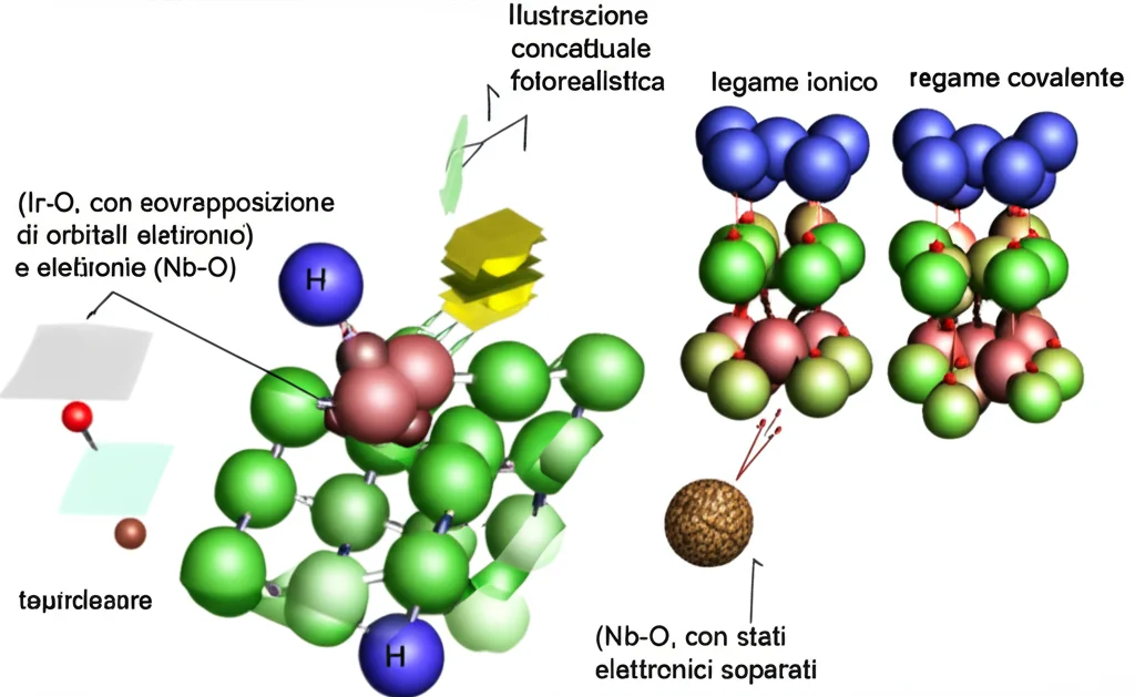 Illustrazione concettuale fotorealistica che rappresenta la differenza tra legame covalente (Ir-O, con sovrapposizione di orbitali elettronici) e legame ionico (Nb-O, con stati elettronici separati). Stile grafico scientifico ma accattivante, alta definizione, focus sulla rappresentazione degli orbitali e dei livelli energetici.