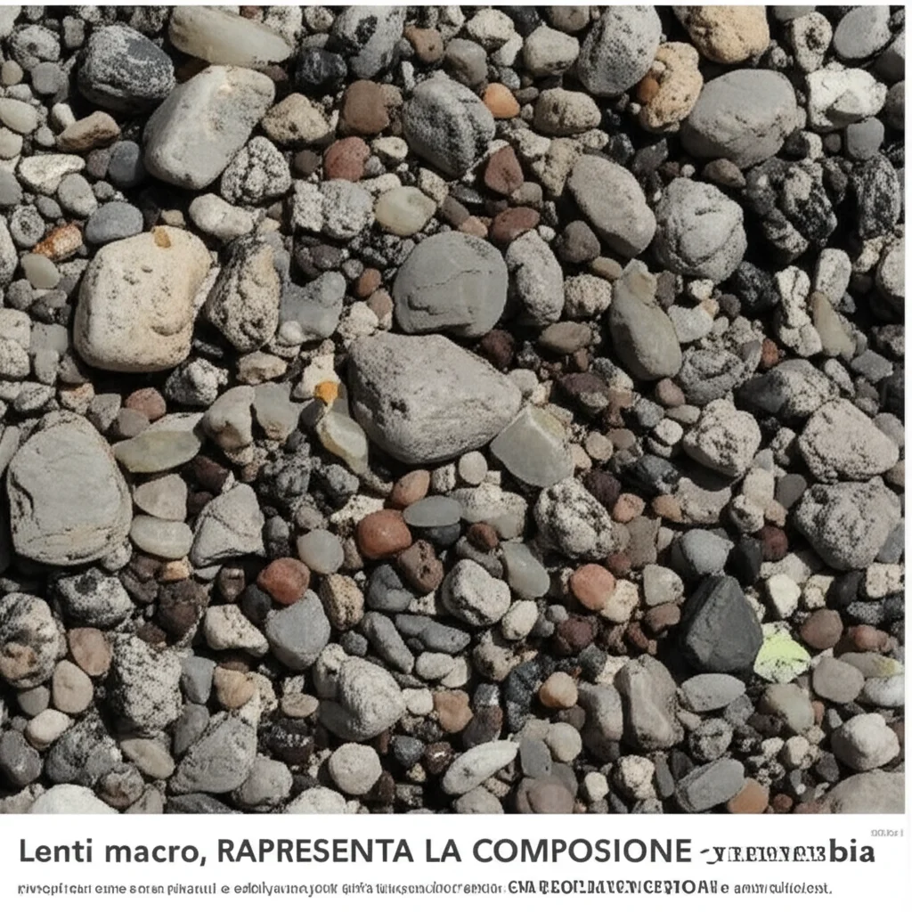 Lenti macro, 85 mm, primo piano di diversi ciottoli di ghiaia mescolati con sabbia, mostrando varie trame di roccia (accenni di quartzite, arenaria, pietra di fango) e dimensioni. Dettagli elevati, focalizzazione precisa, illuminazione controllata. RAPRESENTA LA COMPOSIONE COMPOSIONE DEGLI STRATI Ghiaiosi.