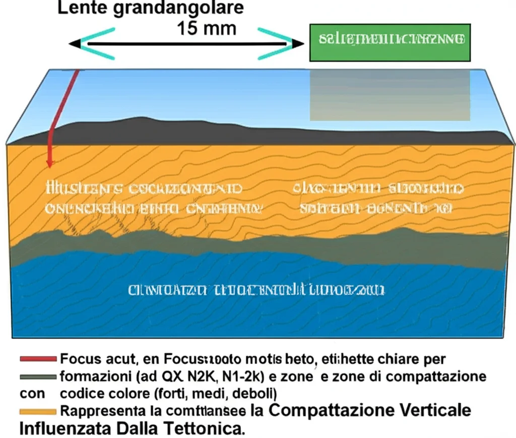 Lente grandangolare, 15 mm, illustrazione geologica della sezione trasversale che mostra strati di sedimenti sotterranei su terreni montuosi. Le frecce indicano sollevamento tettonico e subsidenza. Focus acuto, etichette chiare per formazioni (ad es. QX, N2K, N1-2K) e zone di compattazione con codice colore (forti, medi, deboli). Rappresenta la Compattazione Verticale Influenzata Dalla Tettonica.